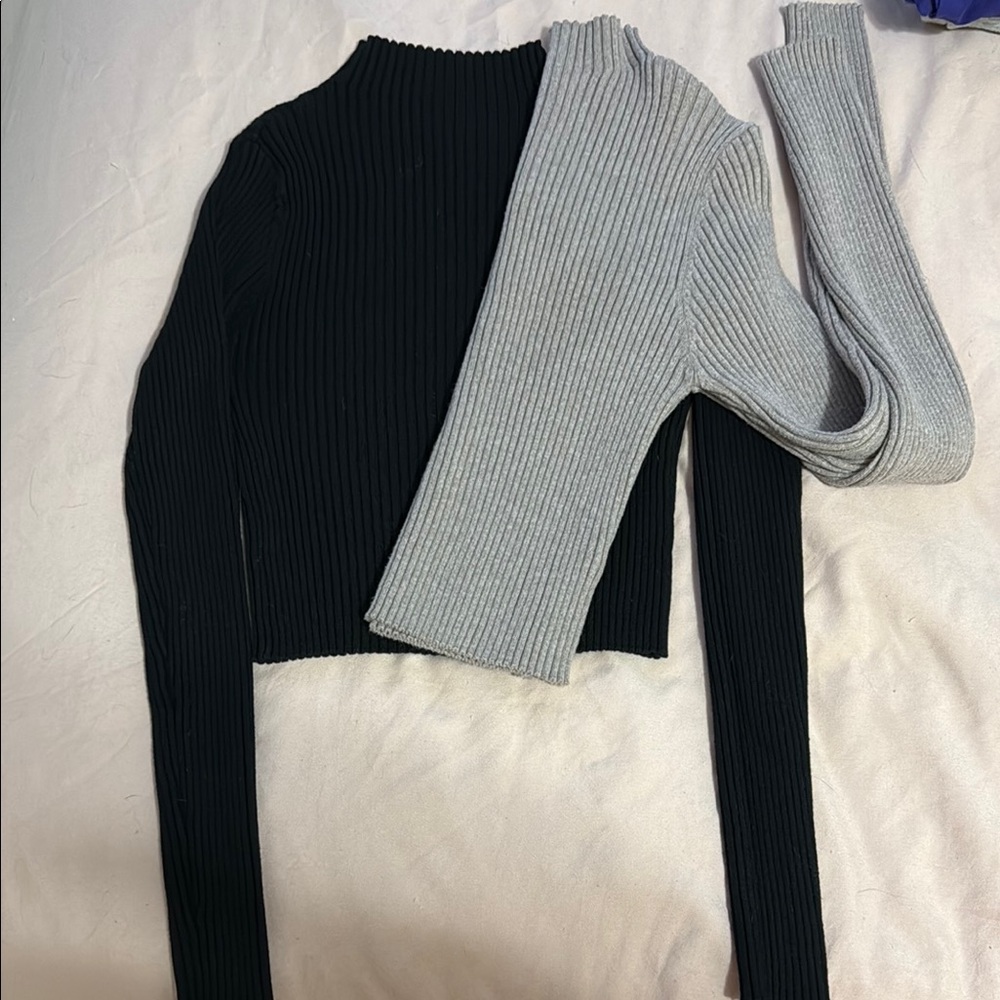 Black and Gray Ribbed Long Sleeve Tops